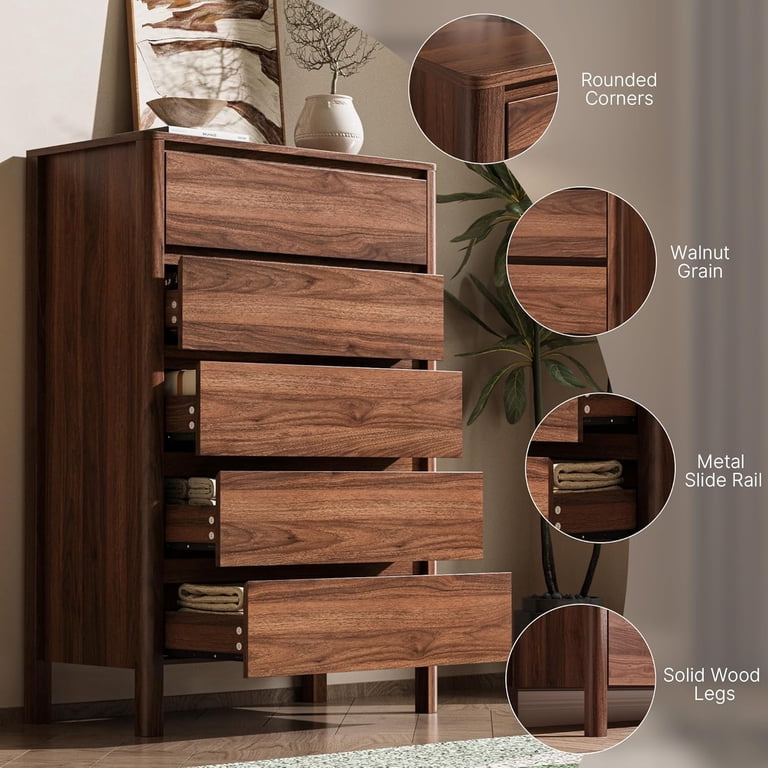 FURNIWAY Walnut 5 Drawer Dresser for Bedroom, Modern Tall Dresser