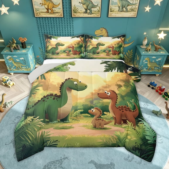 Feelyou Kawaii Family Dino Full Size Comforter Sets for Kids, Sunshine Wildlife Bedding Sets, Green Orange, Grey Reversible, 3-Piece