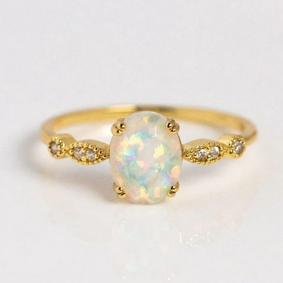 925 Silver Opal Ring 14k Gold Plated Ring |October Birthstone Ring | Stunning Oval Cut Natural Opal Anniversary Ring |Gift For Her Birthday,Ring Gift