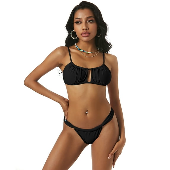 ZAFUL Women Swimwear Keyhole Tie Ruched Bikini Swimsuit Black S