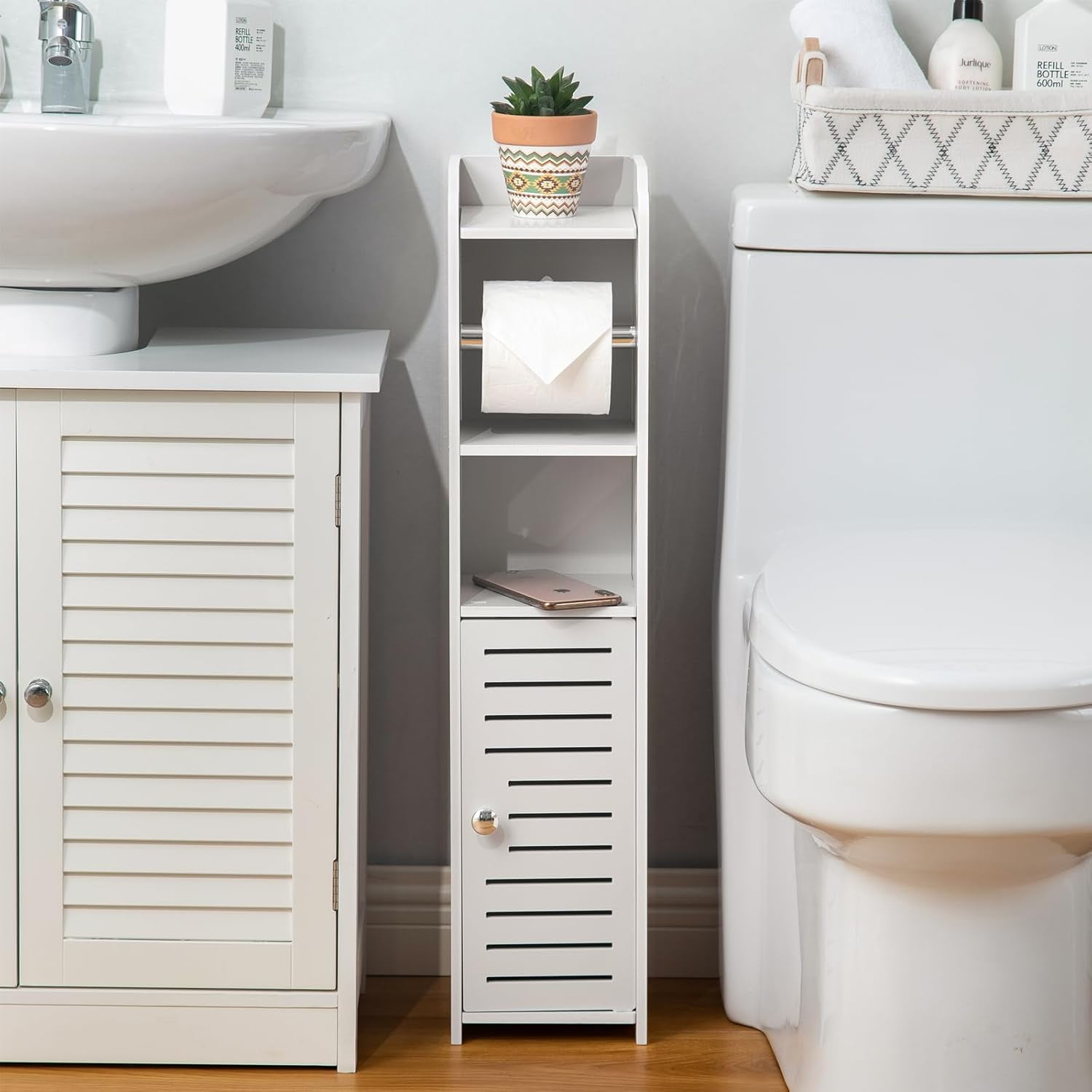 Toilet Storage Cabinet with Paper Holder - Space-Saving Bathroom Organizer (Multi-Color Options)