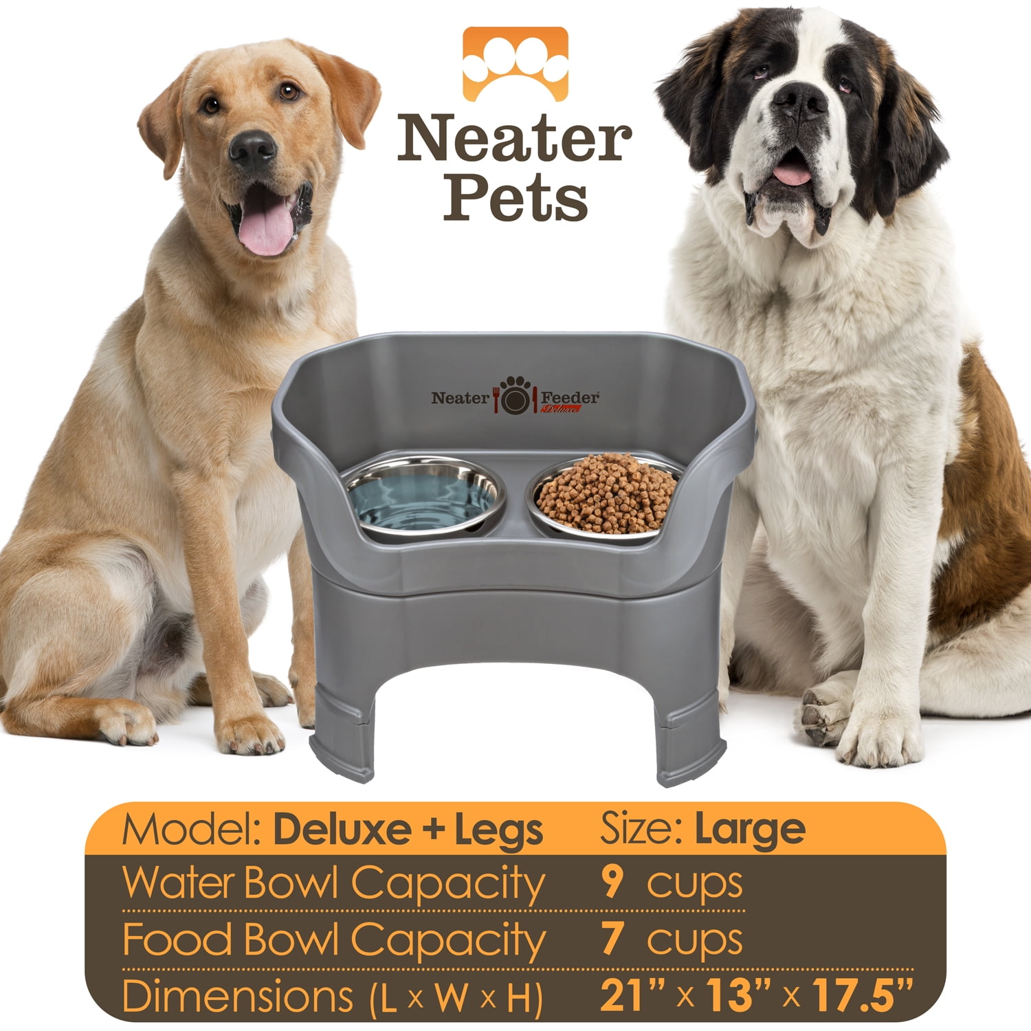 Neater Feeder Deluxe Elevated Mess-Proof Food & Water Bowls for Large Dogs, Gunmetal