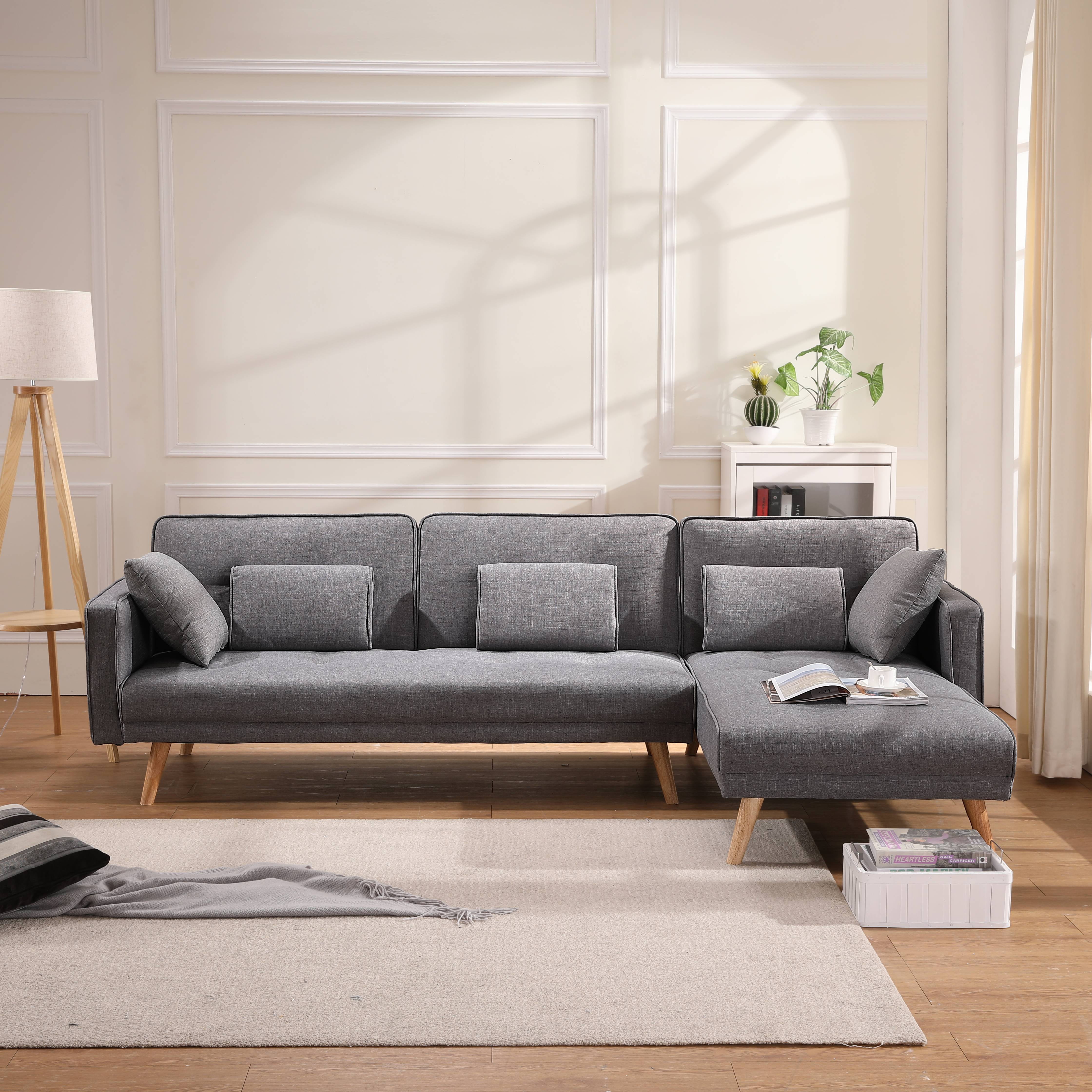 Modern Fold Out Sofa Bed With Chaise Lounge 70 X57 X 30 7 Upholstery Sleeper Contemporary Soft Fabric Chaise Couch Beds With 5 Throw Pillows And Hardwood Frame 300lbs S7963 Walmart Com