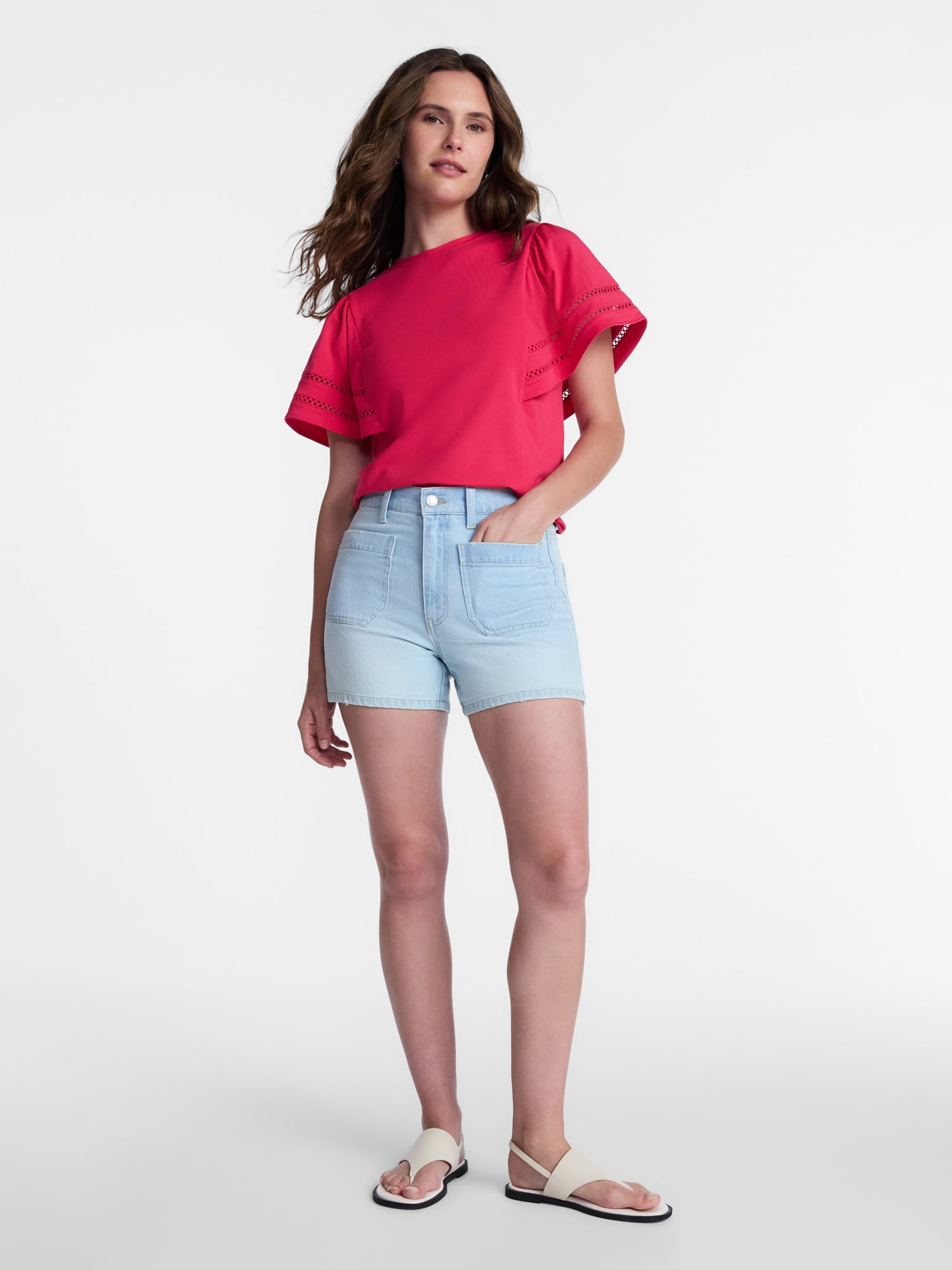 Time and Tru Women's High Rise Patch Pocket Denim Shorts, 4" Inseam, Sizes 0-20
