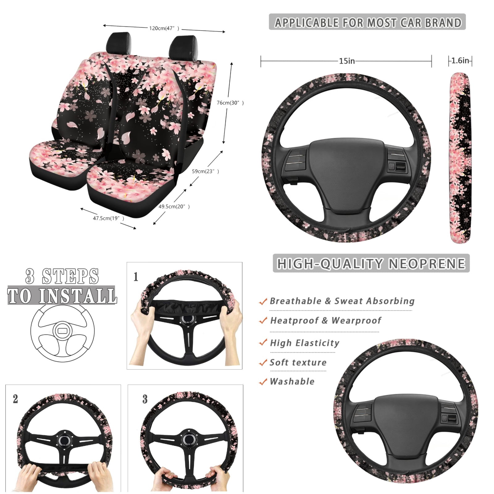 Jeiento Pink Cherry Blossom Car Interior Accessories Full Set Car Seat Covers Steering Wheel Seat Belt Covers Car Trash Can Coasters Rear View Mirror Covers Keychains Lipstick Covers Set of 13