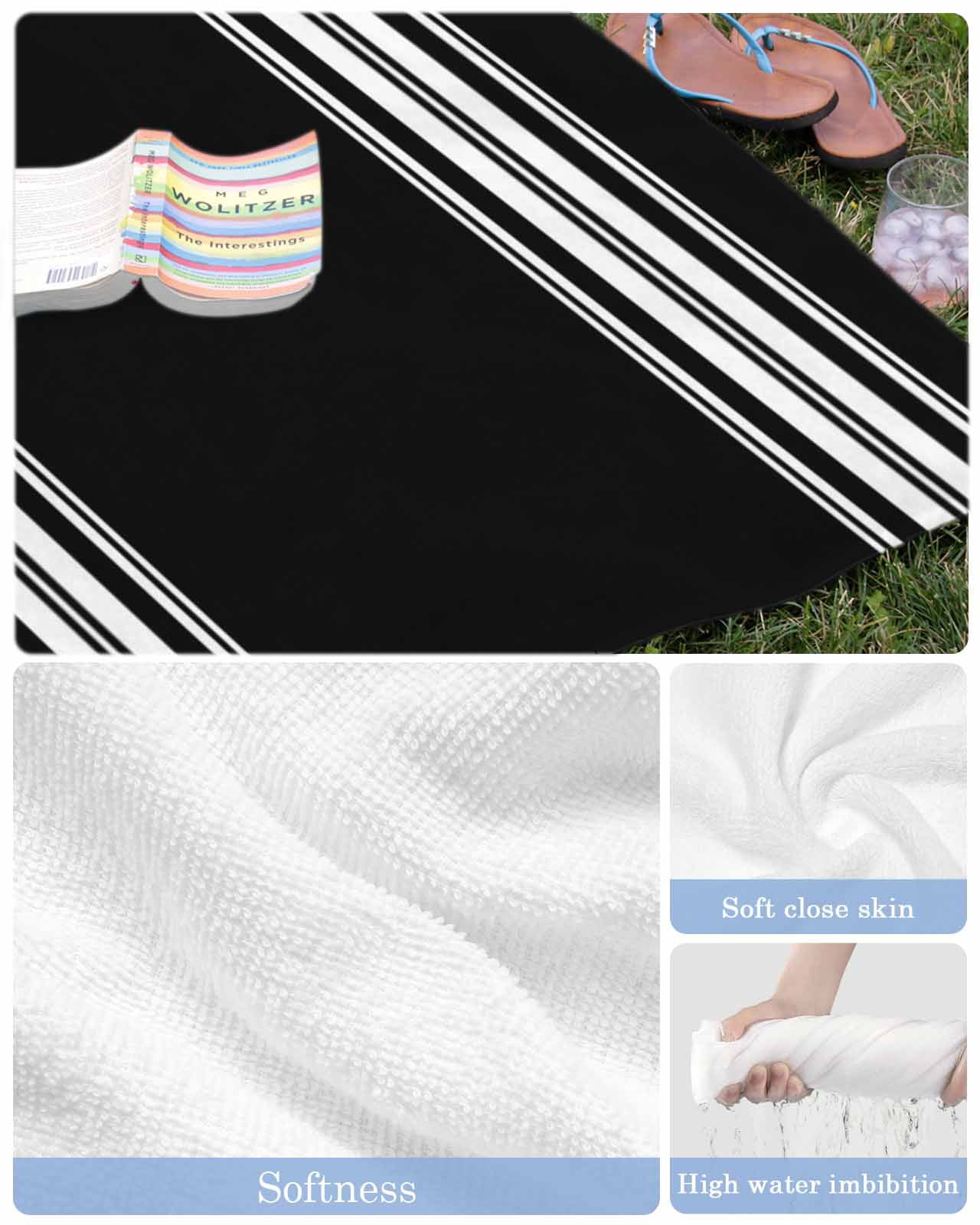 Black Striped Beach Towels Oversized Super Absorbent, Farmhouse Black White Stripes Lightweight Bath Towel Quick Dry Sets For Bathroom/Pool/Rv Camping/Beach Play/Gym Room/Picnic 30"x60"