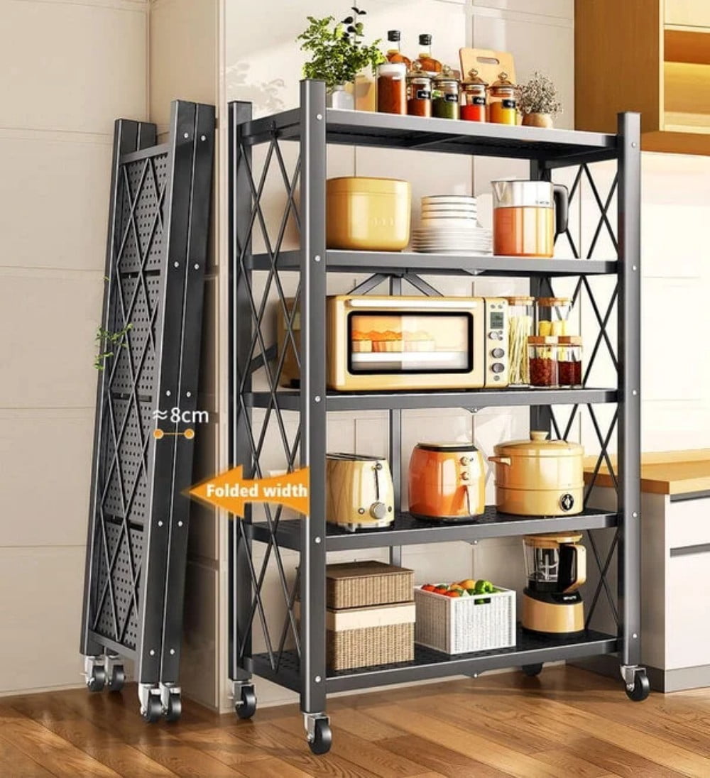 Joybos 5 Tiers Foldable Storage Organizer Wire Shelf Rack with Wheels,Holds Up To 1000 Pounds,Black