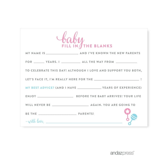 Fill-In-The-Blank  Team Pink/Blue Gender Reveal Baby Shower Games , 20-Pack