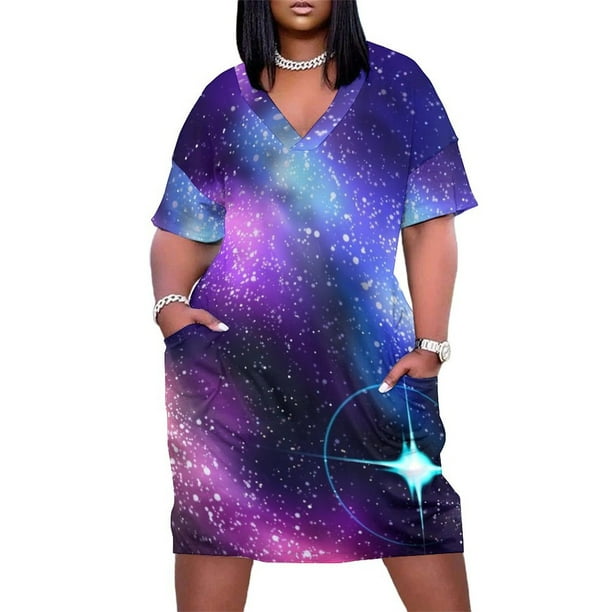 Vestido holgado con bolsillos y estampado de galaxia y estrellas, elegante, para mujer.