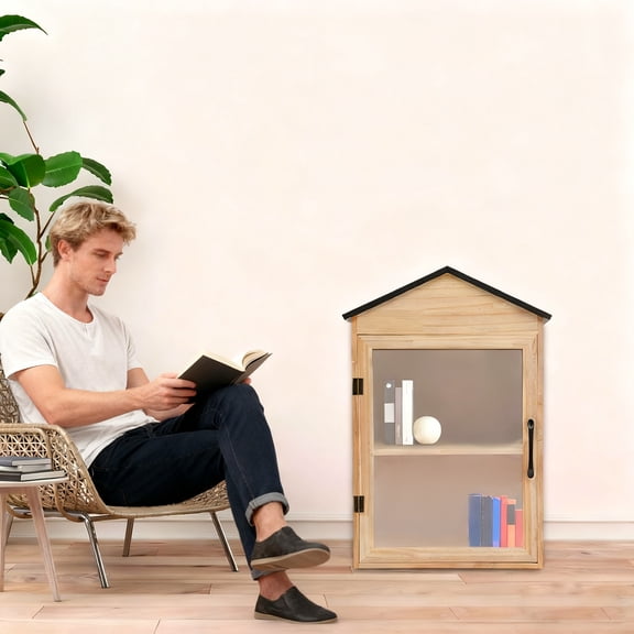 2-tier Double Sloping Roof Library Book Box Wood Color&Black Wooden Book Cabinet with Practical Handle