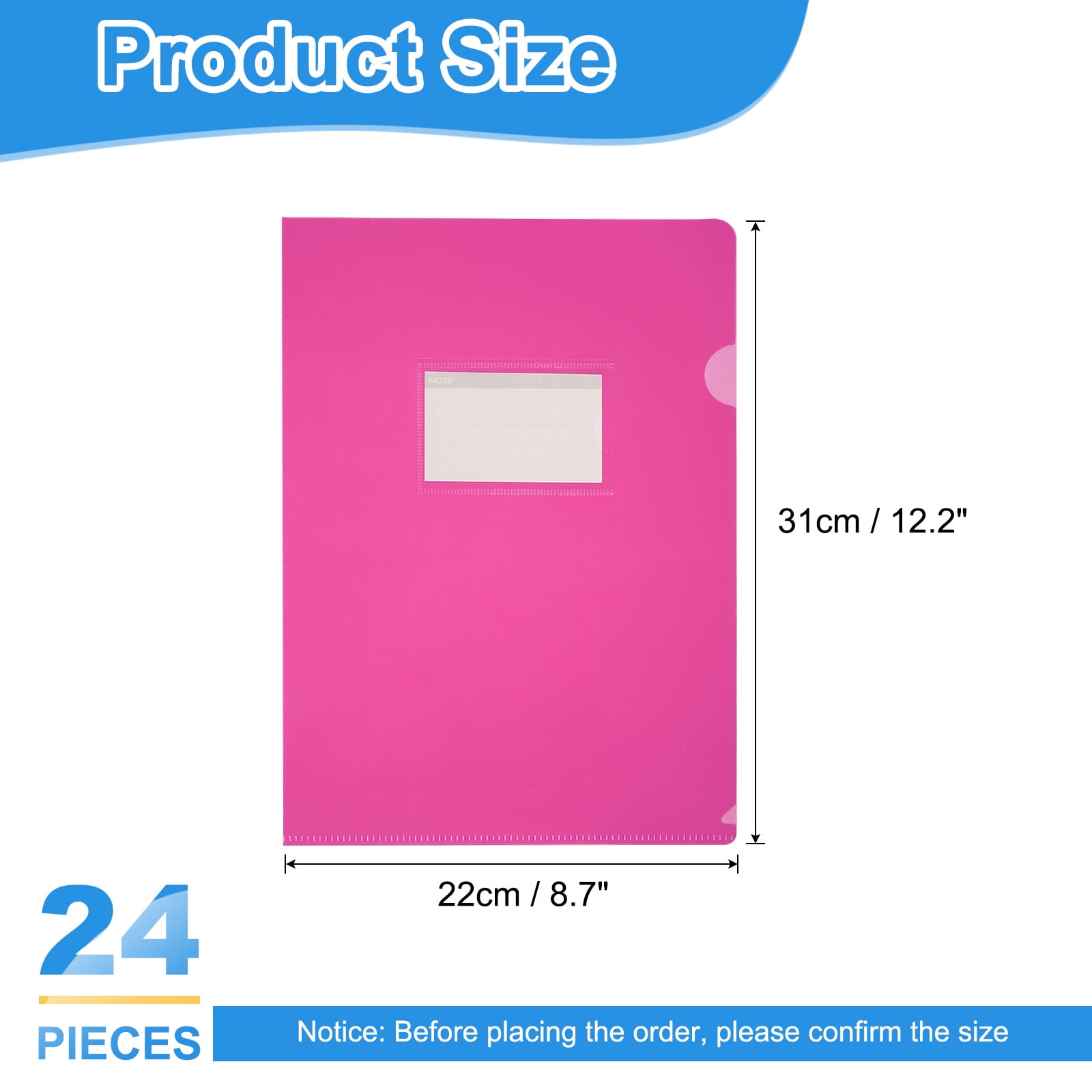 Uxcell 24 Pack L-Type Plastic Folders, Letter Size Clear Folders for Documents with Pocket, Pink