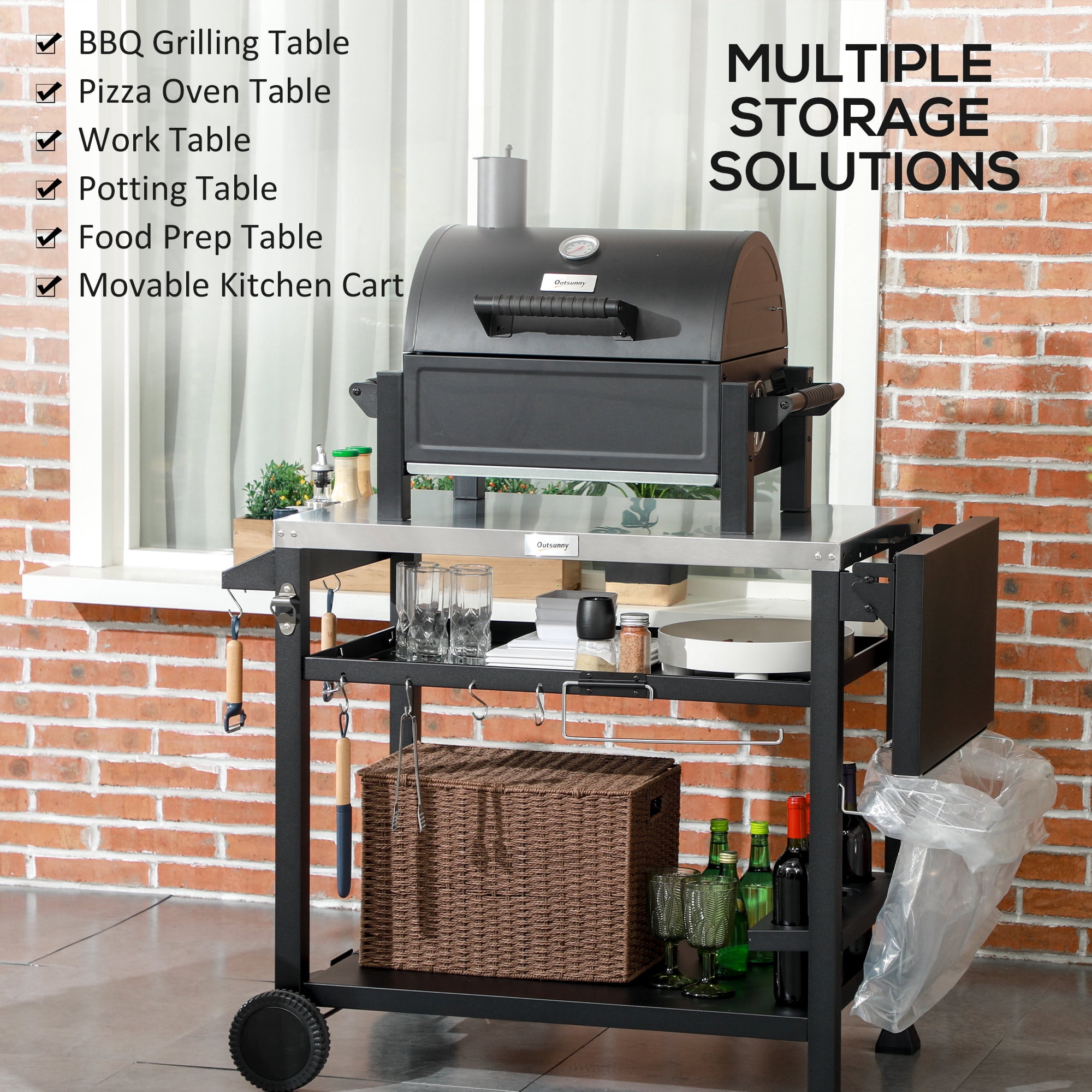 46" Outdoor Grill Cart with Foldable Side Table, 3-Shelf Stainless Steel Pizza Oven Stand, Rolling Food Prep Table with Storage Hooks & Wine Holder for Patio Garden