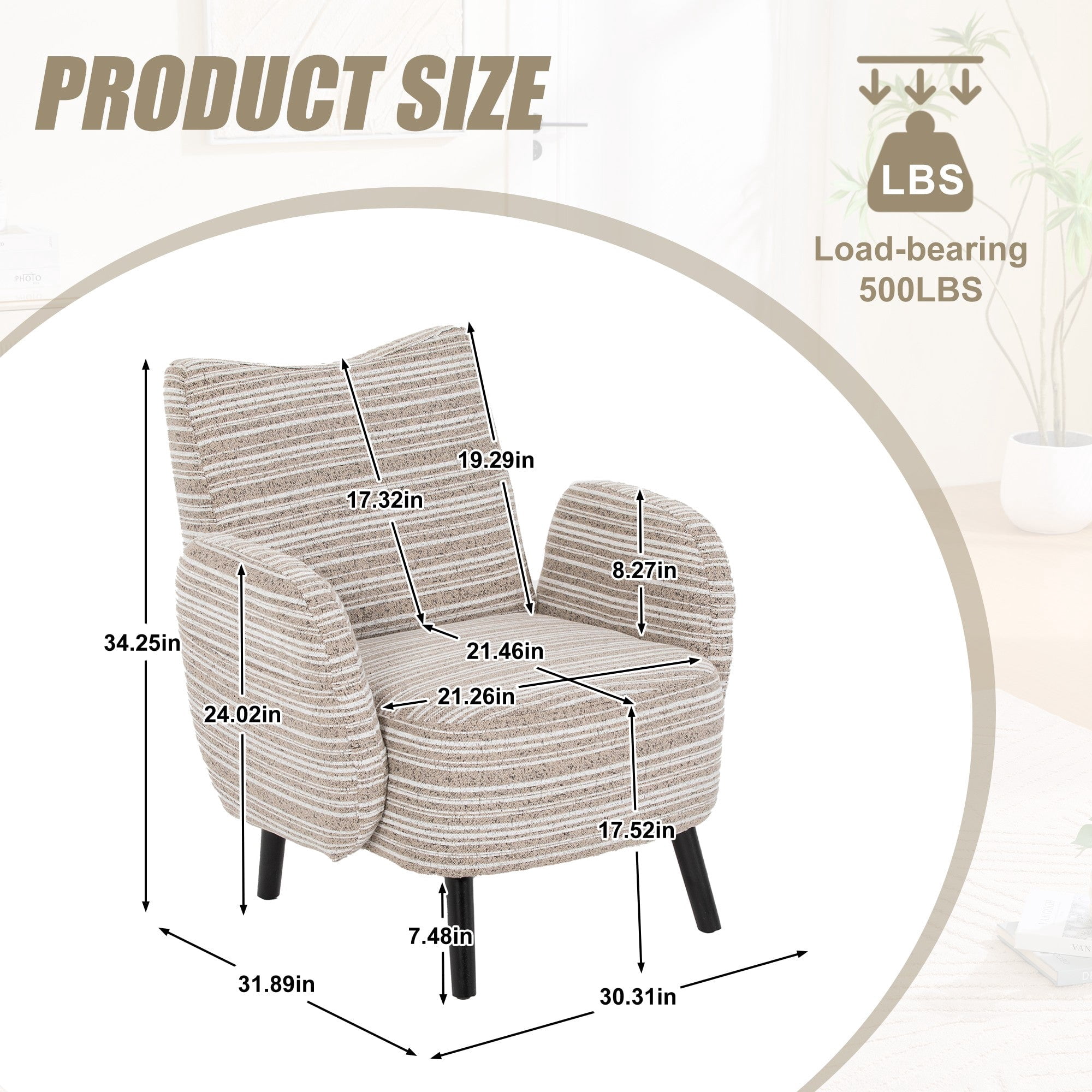 Sailvan Modern Armchair,Sanded Fabric Reading Chair with Side Storage Pocket & Solid Wood Legs for Living Room,Bedroom & Office khaki