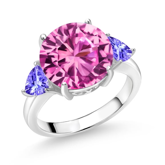 Gem Stone King 925 Sterling Silver Pink Created Sapphire and Blue Tanzanite 3-Stone Ring for Women (8.60 Cttw, Round 12MM, Trillion 5MM, Size 6)