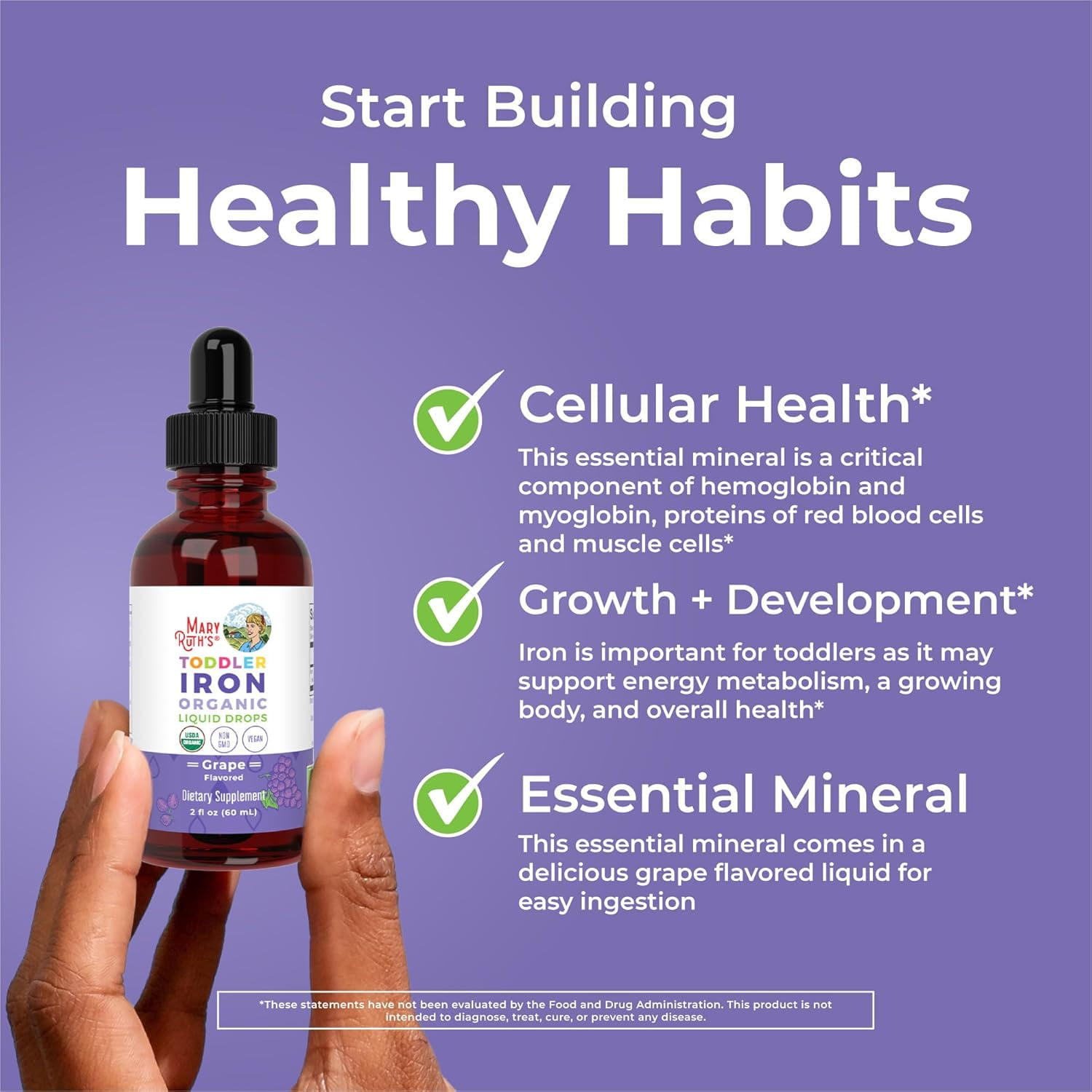 MaryRuth's USDA Organic Toddler Iron Liquid Drops for Ages 1-3, Grape, 2 oz