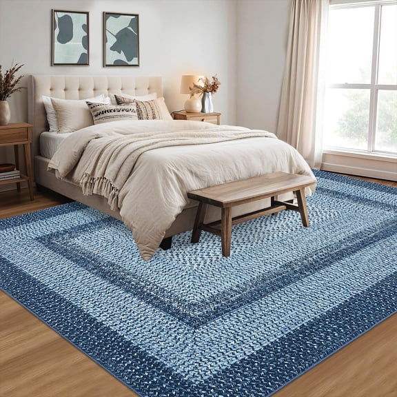 HOMERRY 10' x 13' Modern Rugs for Bedroom Imitation Braided Pattern Soft Geometric Dining Room Carpet, Blue