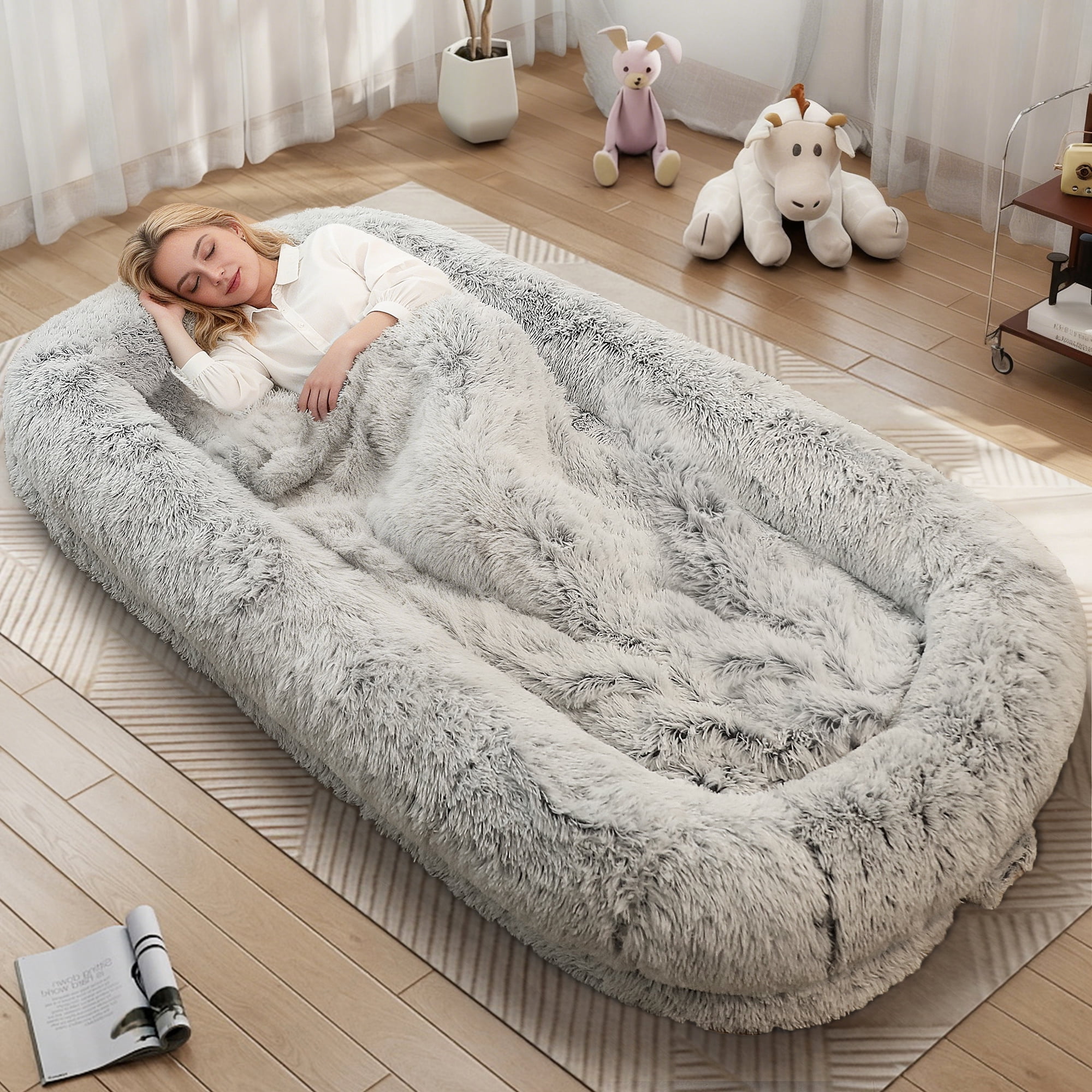 Skandiquip Large Human Dog Bed for Pets and Adults, 75"x43"x10", Plush Washable Cover With Blanket, Non-Slip Base, Orthopedic Memory Foam Support, Light Grey