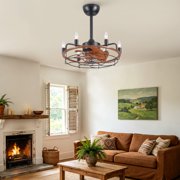 20 inch Brown Caged Ceiling Fan with Lights, Industrial 6-Light Fan Light Fixture with Remote Control, Reversible 6-Speed for Bedroom,Living Room.