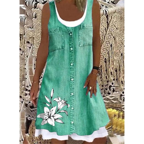 Women's A-Line Dress Sleeveless Spring Summer Casual Patchwork Print Knee Length Dress Fashion 3D Printing Denim Print DressS Gao Jinjia LED