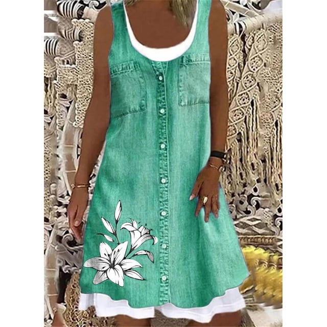 Women's A-Line Dress Sleeveless Spring Summer Casual Patchwork Print Knee Length Dress Fashion 3D Printing Denim Print DressXXL Gao Jinjia LED