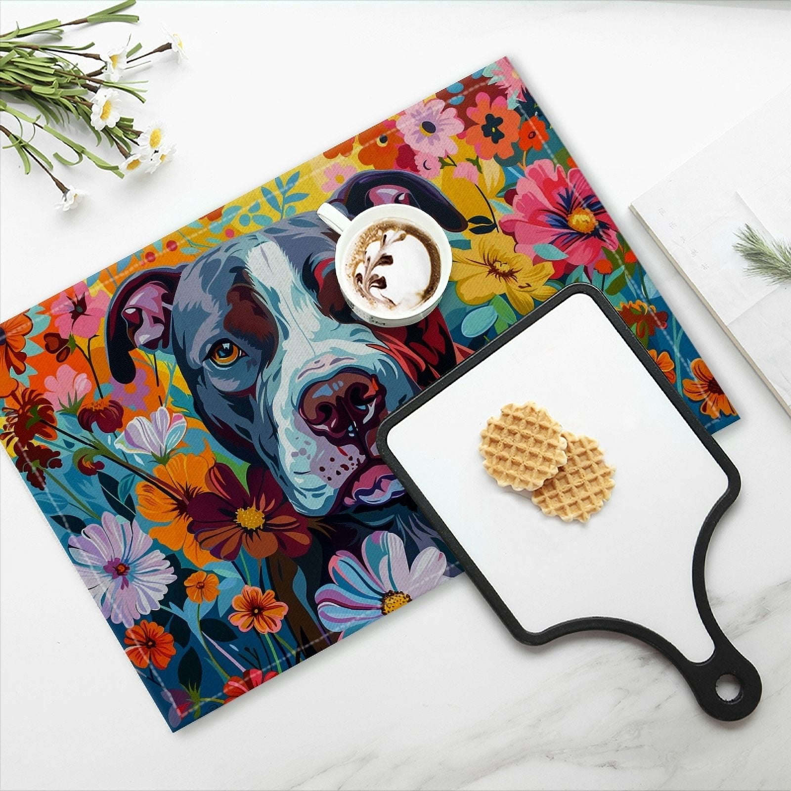 BaHomeck placemats Set of 4 Colorful Vibrant Of Pitbull Dog Surrounded By Flowers Cotton Linen rectangle Placemats for Kitchen Dining Table Indoor,Outdoor,18*12inch