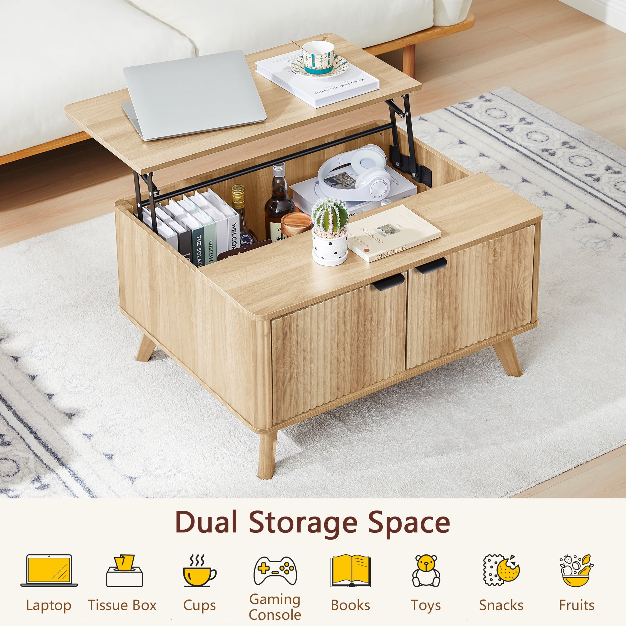 PHOYAL Wood Lift Top Coffee Table with Hidden Compartments for Storage, Fluted Square Coffee Table with 2 Doors for Living Room, Natural
