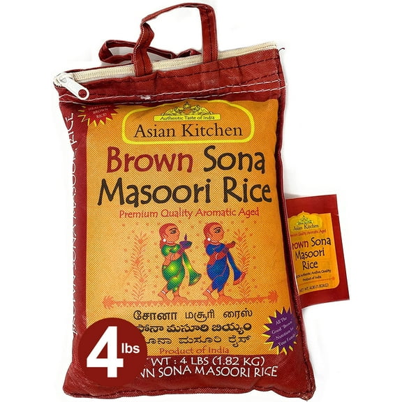 Asian Kitchen Brown Sona Masoori Aged Rice 4-Pound Bag, 4lbs (1.81kg) Short Grain Rice ~ All Natural | Gluten Friendly | Vegan | Indian Origin | Export Quality