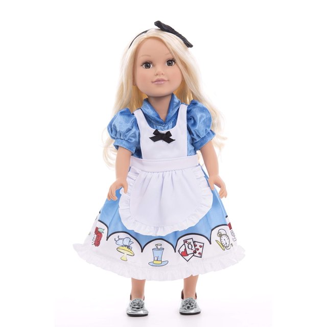 Vestido de princesa Alice de Little Adventures con diadema - Ropa de fiesta y juegos de simulación para niños lavable a máquina - No incluye muñeca con purpurina