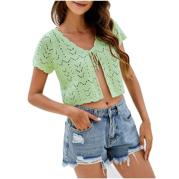 BODOAO Women's Summer Short Sleeve Cropped Crochet Cardigan Tie Front Open Knit Bolero Shrug Lightweight for Casual Beach Vacation Hollow Knit Top Solid Color Slim Top Blouse Green L