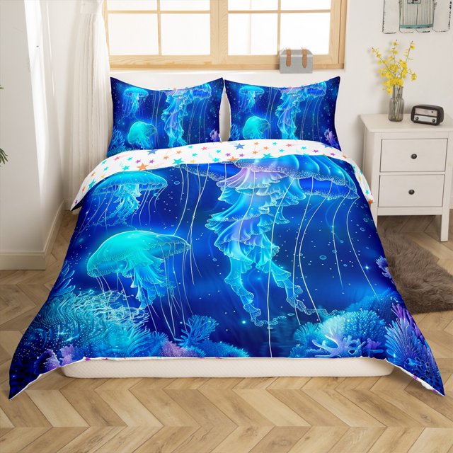 Erosebridal Housse de Couette Méduse Marine Simple, Housse de Couette Faune Marine Simple, Bleu, Réversible 2 Pcs, (Sans Couette)