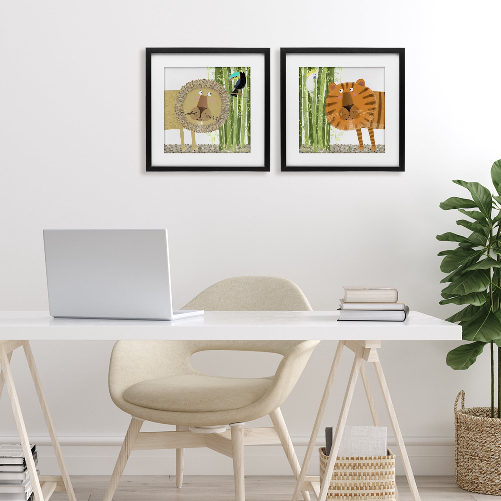 Stupell Industries Bamboo Trees & Animals 2 Piece Black Framed Print Under Glass Set, design by Carla Daly