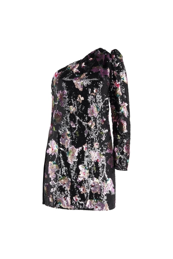 Pre-Owned Self-Portrait One-Shoulder Mini Dress in Black Velvet