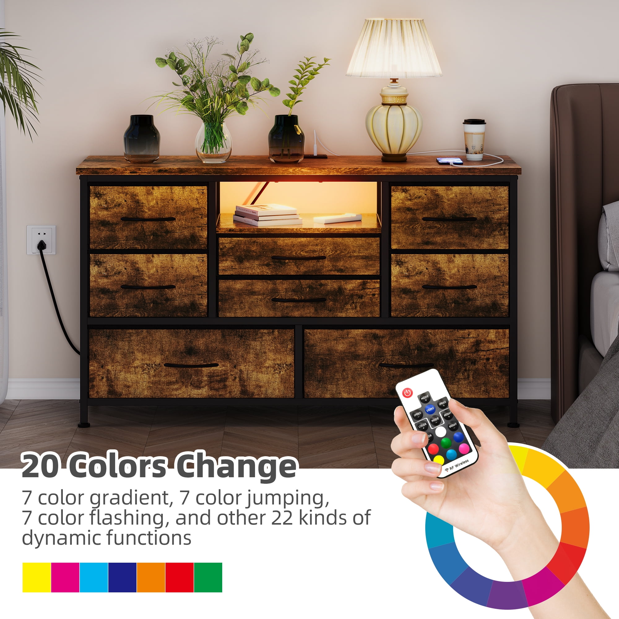 8 Dresser TV Stand with Power Outlet & LED for 55'' TV, Long Dresser for Bedroom with 8 Deep Drawers, Wide Console Table for Storage in Closet, Living Room, Entryway, Wood Top