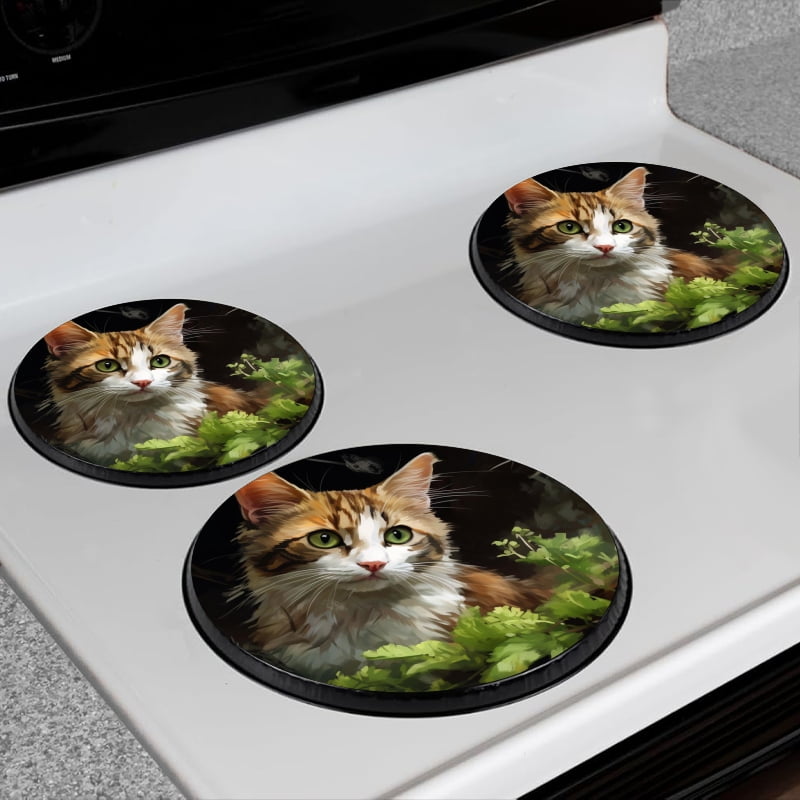 BaHomeck Electric Stove Burner Covers Set of 4,Round Metal Gas Stove Burner Covers 8 Inch and 10 Inch,Kitchen Decor,Calico Cat With Green Eyes Sitting In The Grass