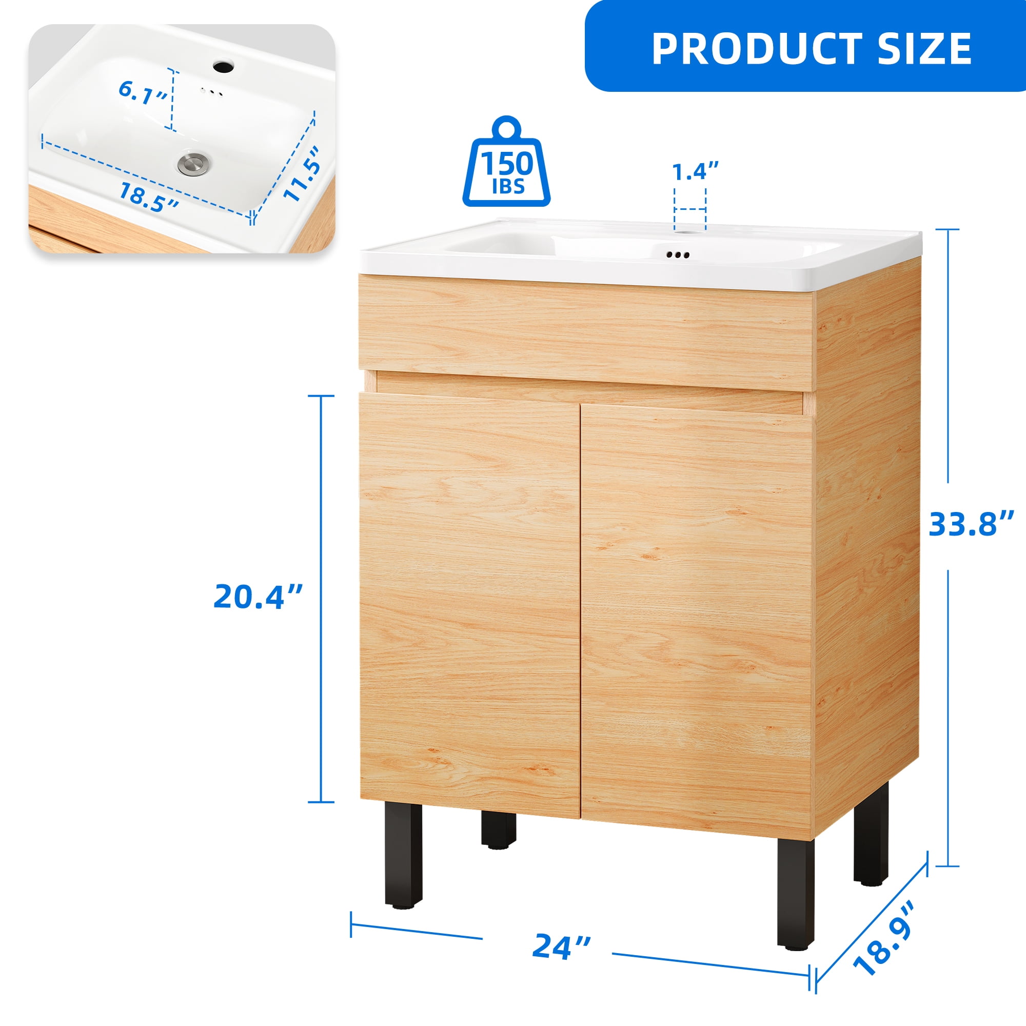Dextrus 24 Inch Bathroom Vanity with Undermount Sink, Free Standing Bathroom Storage Cabinet with Drain, Oak