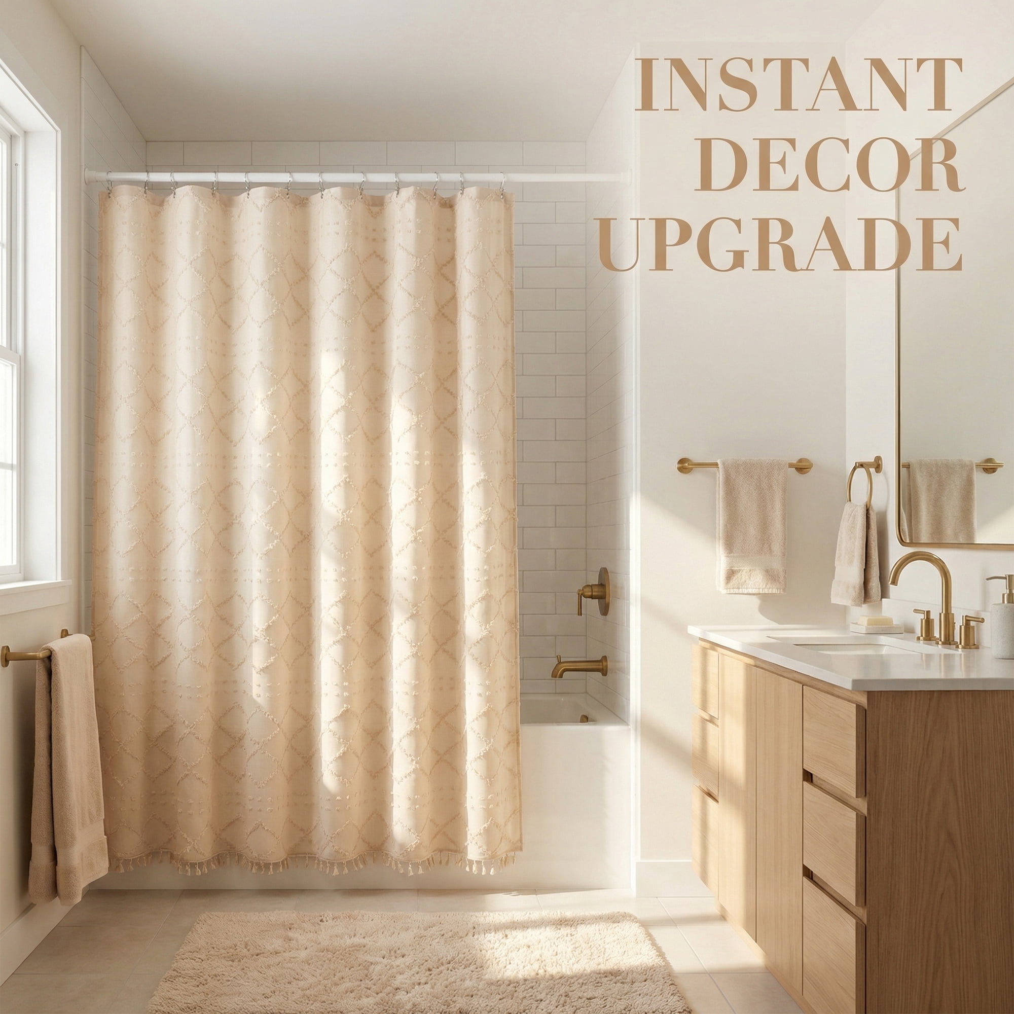 Unique Bargains 3D Geometric Texture Bath Curtain Sets with Hooks Beige 72"W x 72"L