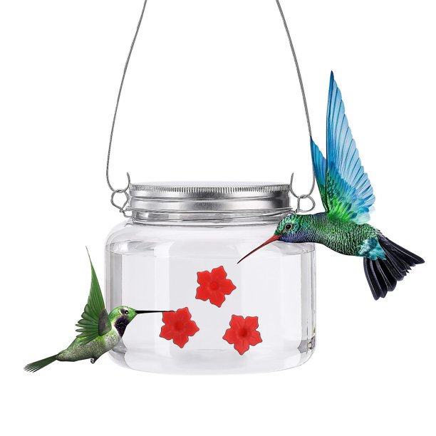 Comedero de colibrí colgante para jardín, comedero de pájaros de tarro de plástico de 475 ml con cubierta roja, depósito transparente