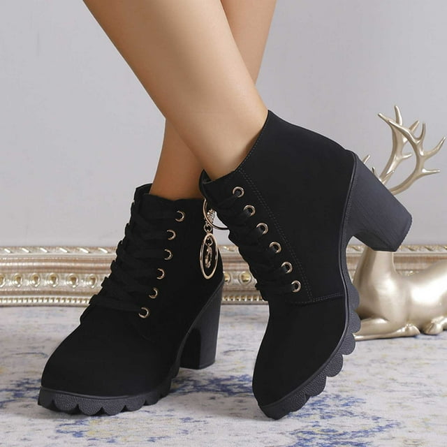 LSLJS Bottes à Talons Hauts pour Femmes, Bottes d'Hiver pour Femmes Grande Taille Bout Rond Lacets Épais Talon Moyen