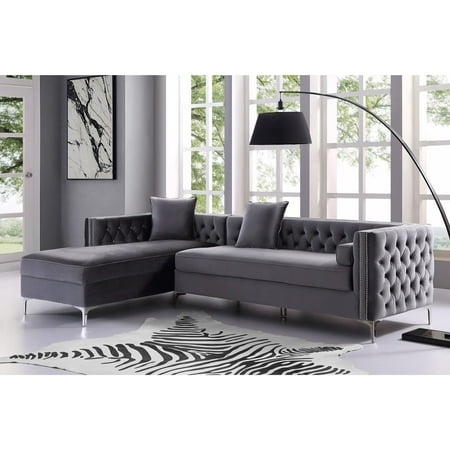 Inspired Home Sania Velvet Chaise Sectional Sofa 115" Left Facing Button Tufted Nailhead Trim, Grey