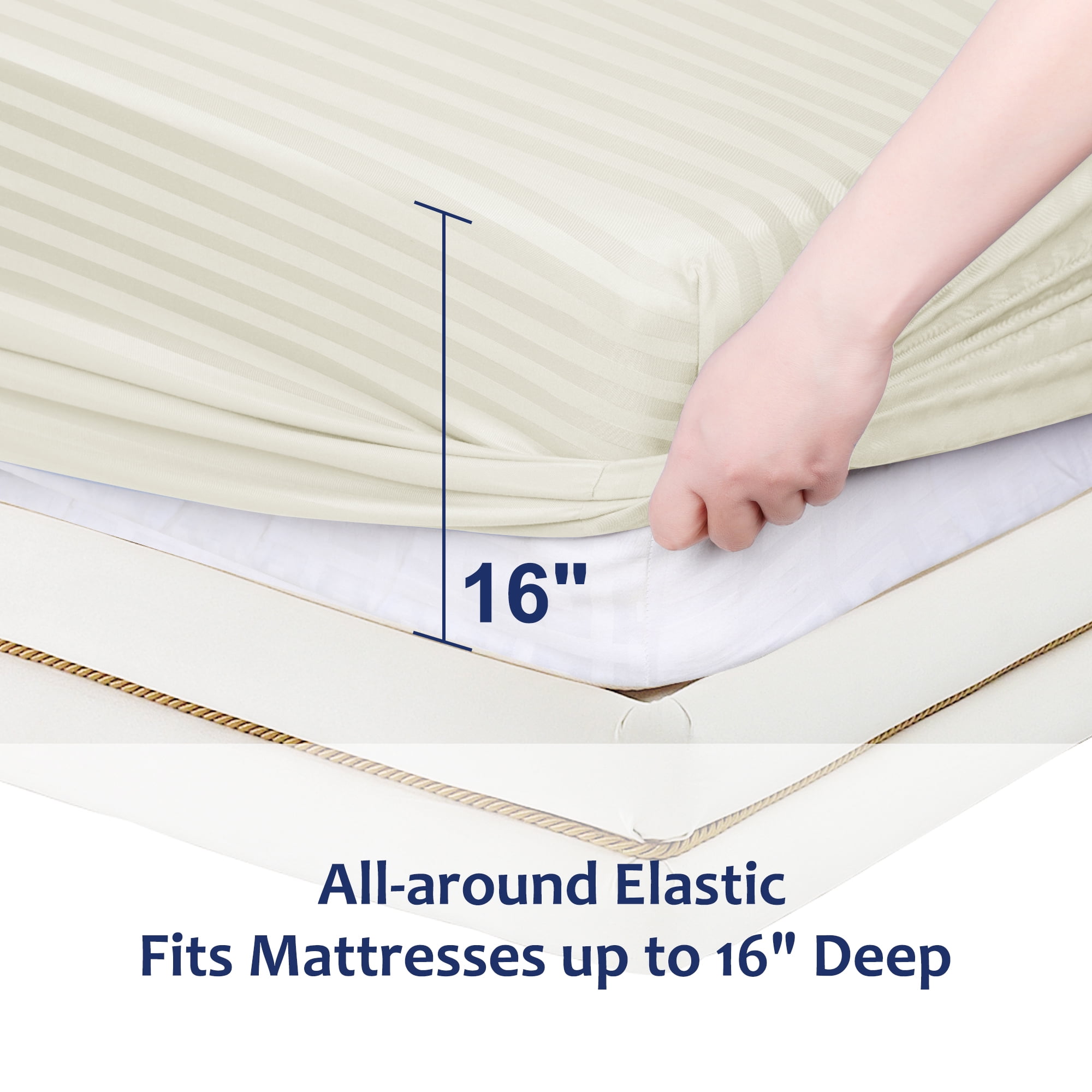 Unique Bargains Soft 100GSM Striped 16 Inch Deep Pocket Fitted Sheets King Khaki