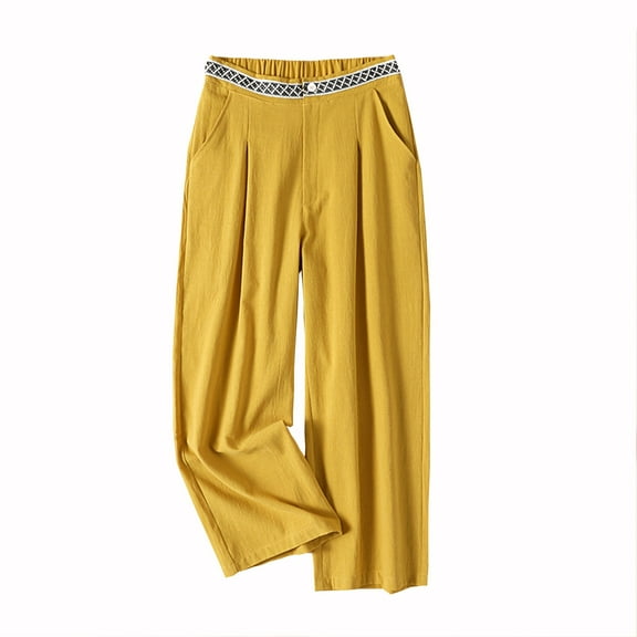ZyeKqe Cotton Linen Capri Pants for Women High Waisted Pull on Pants Straight Wide Leg Lightweight Cropped Pants