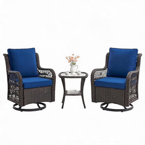 3 Piece Outdoor Wicker Bistro Set Swivel Rocking Chairs Tempered Glass
