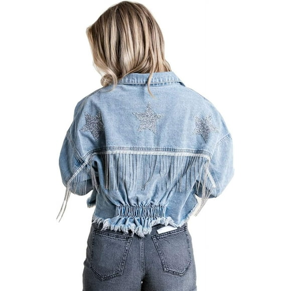 HAHDAXIA Womens Cropped Rhinestone Fringe Denim Jacket Long Sleeve Ripped Tassel Jean Coat