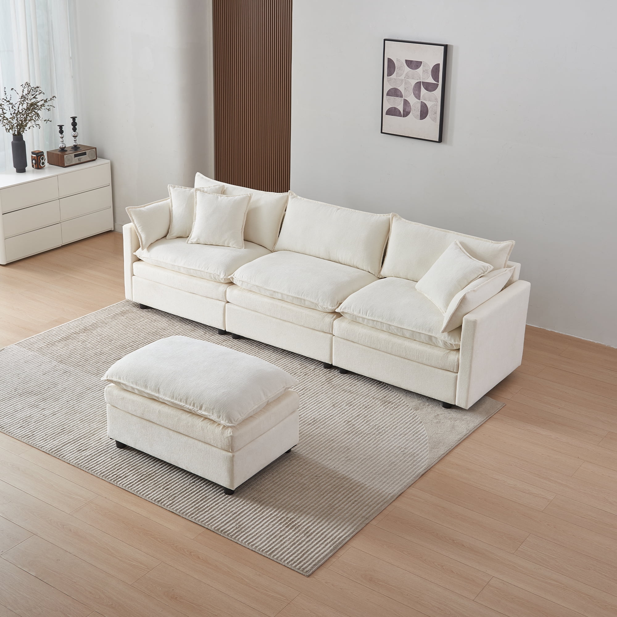MAYEERTY Modular L-Shaped Sectional Sofa with Ottoman, Chenille Fabric Sofa Couch, Comfy Upholstered Furniture for Living Room，Begie