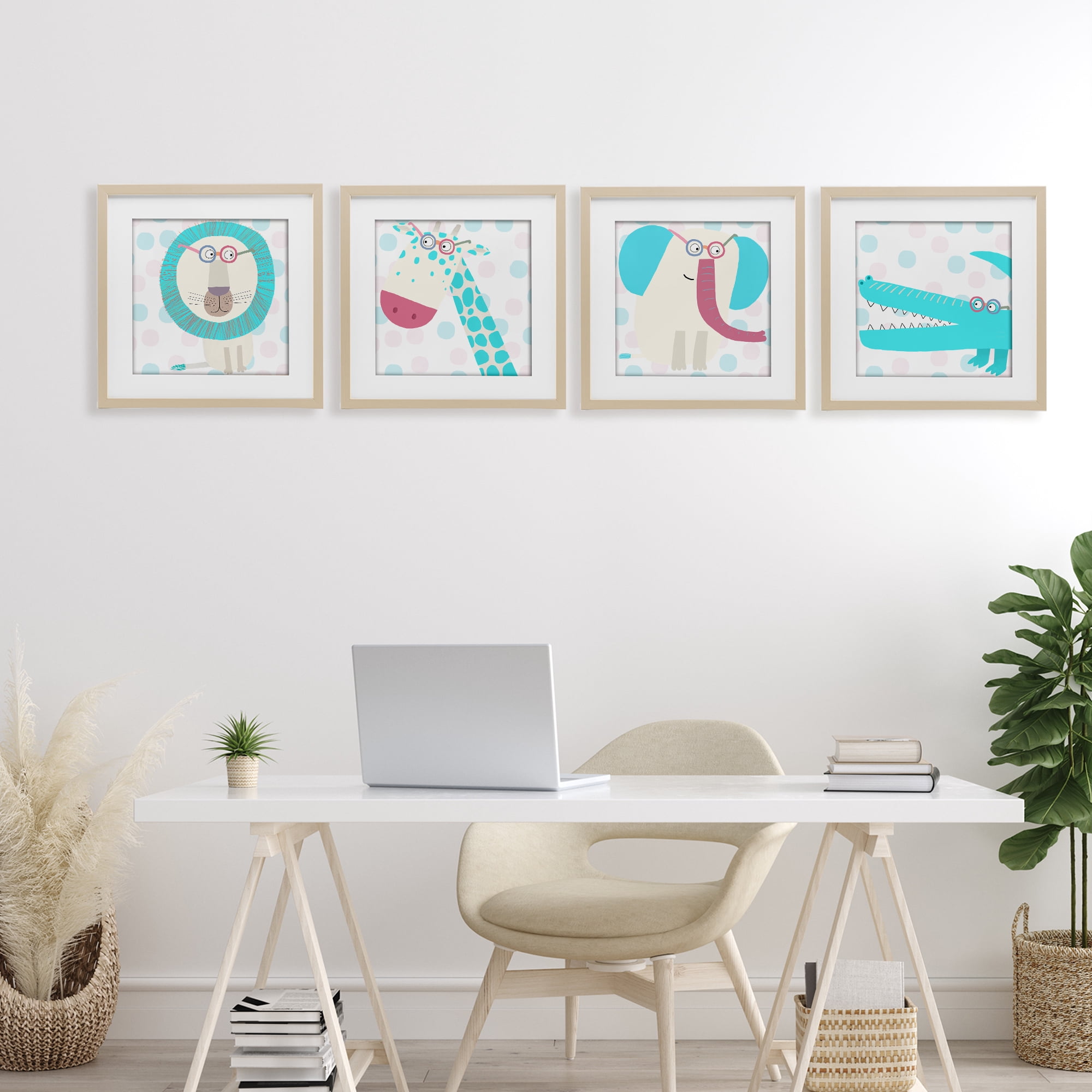 Stupell Industries Electric Blue Wild Animals 4 Piece Birch Framed Print Under Glass Set, design by Carla Daly