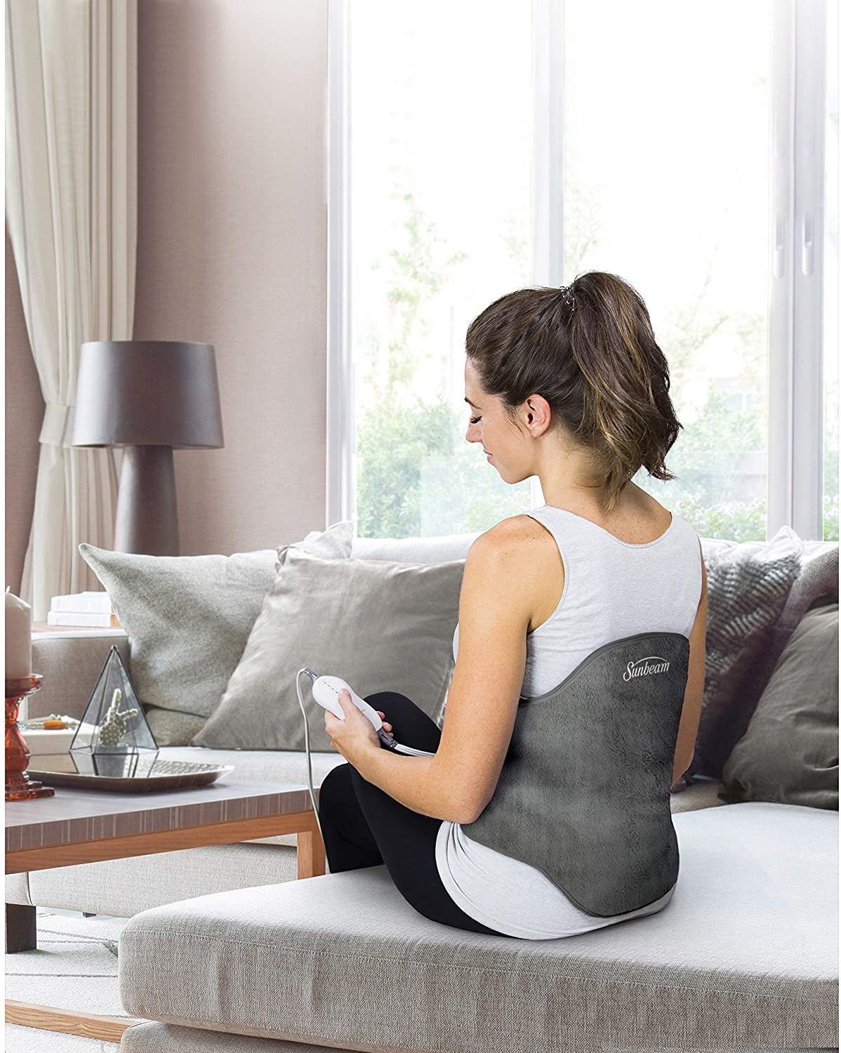 Sunbeam Heating Pad Back Wrap with Adjustable Strap | Contoured for Back Pain Relief | 4 Heat Settings with 2 Hour Auto Off | 23 x 15 Inch, Slate Grey
