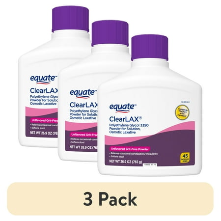 (3 pack) Equate ClearLAX Polyethylene Glycol 3350 Powder for Solution, Osmotic Laxative, 26.9 oz, 45 Doses, Compare to MiraLAX Active Ingredient