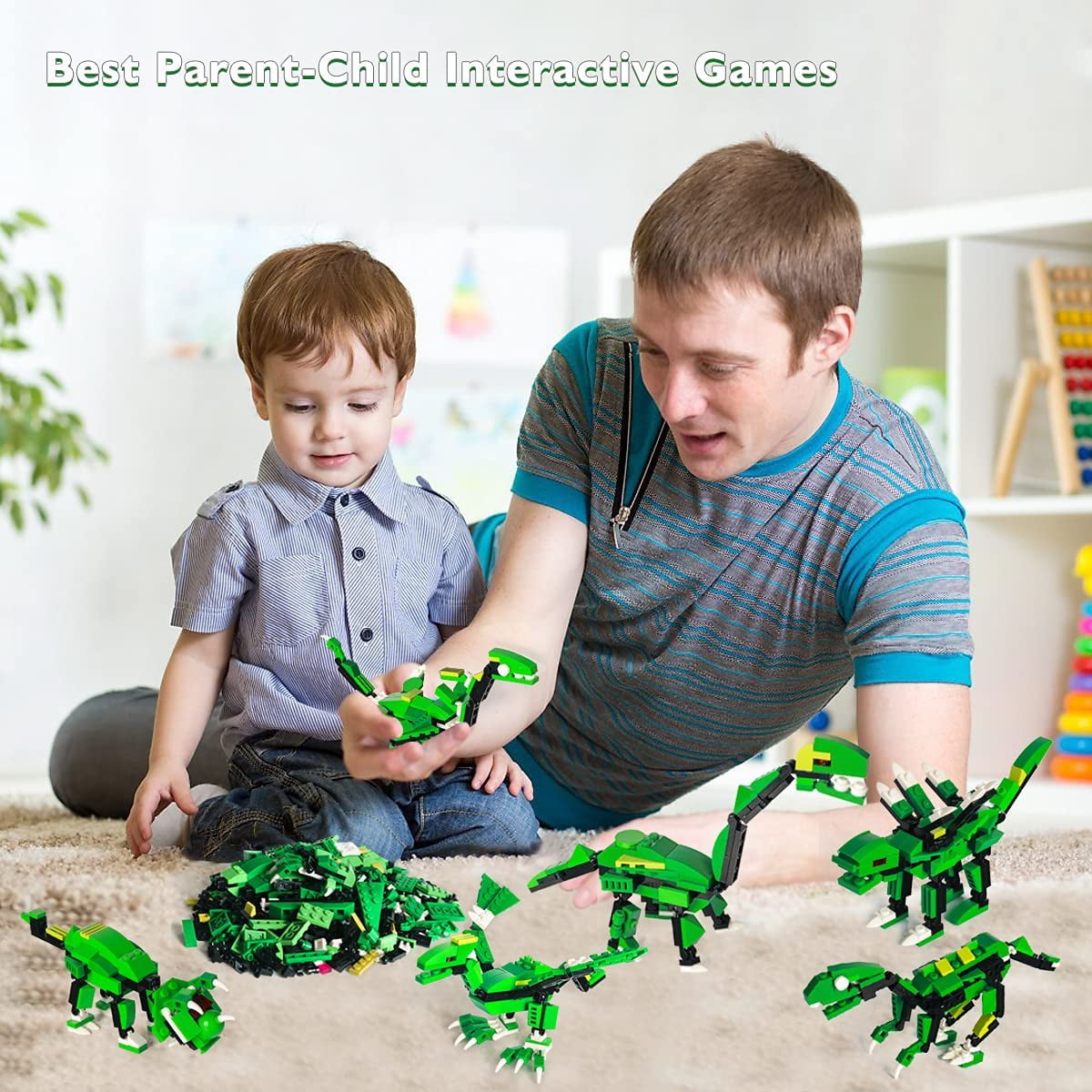 876 Pcs Dinosaurs Building Toys Set, 8 in 1 Building Blocks Kit with Storage Bucket, ENP 3 Headed Dinosaur Toys for Boys Girls, Gifts for Kids 6-12, Green
