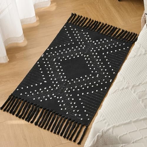 Black Bathroom Rug 2x3ft, Washable Boho Small Bath Mat Non Slip, Aztec Area Rug Floor Mat with Tassel for Kitchen, Entryway, Front Porch