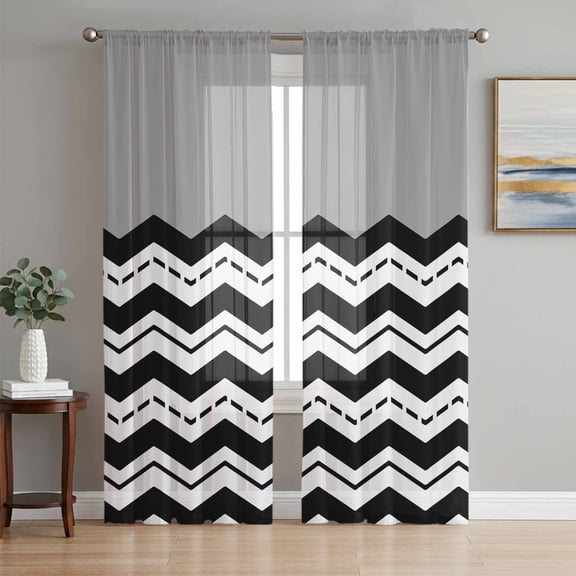 Sheer Curtains 72 Inches Long 2 Panels Set for Bedroom, Black Chevron Semi Sheer Curtains for Windows, Geometric Grey Print Wavy Striped White Voile Window Treatments Rod Pocket Curtain